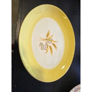 Vintage Mid Century Modern Yellow Wheat Oval Serving Platter Gold Trim MCM